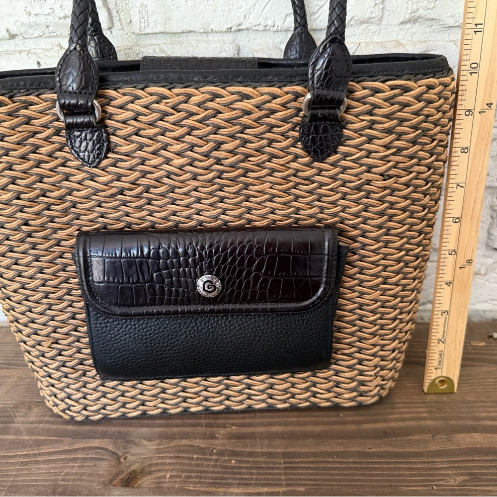 Vintage Brighton Straw & Leather Purse Tote Bag Woven Braided Straps-Tan Black - Picture 11 of 16